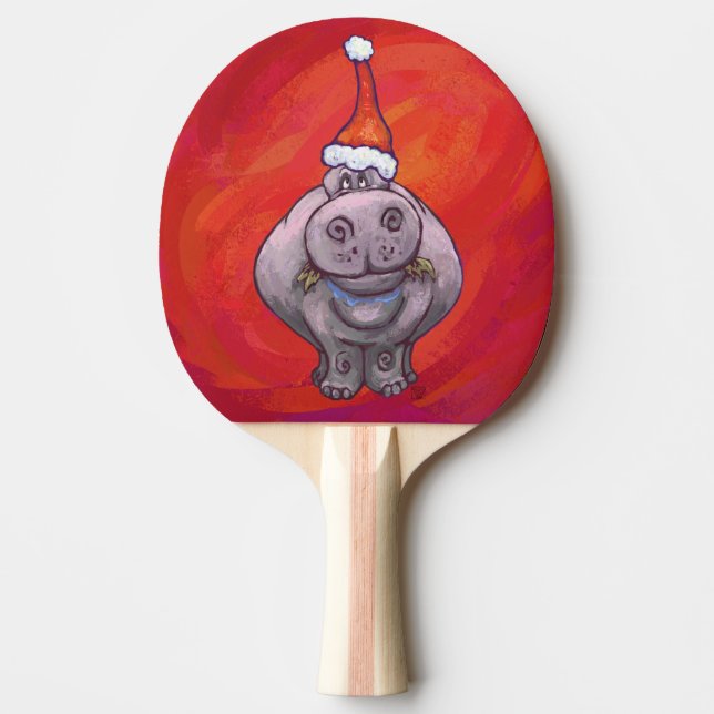 Cute Hippo in Santa Hat on Red Ping Pong Paddle (Front)