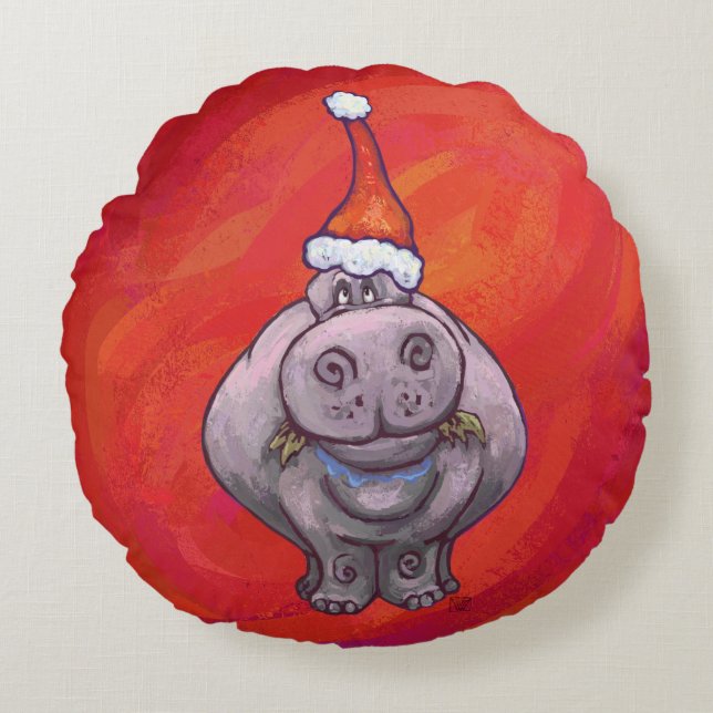 Cute Hippo in Santa Hat on Red Round Cushion (Front)