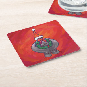 Cute Hippo in Santa Hat on Red Square Paper Coaster