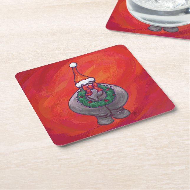 Cute Hippo in Santa Hat on Red Square Paper Coaster (Angled)