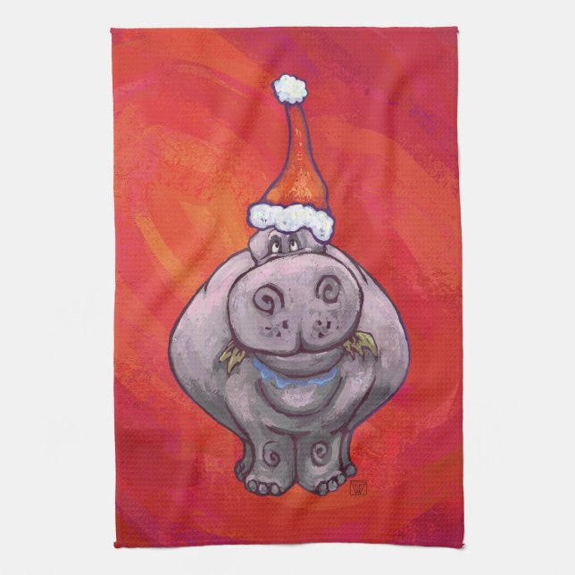 Cute Hippo in Santa Hat on Red Tea Towel (Vertical)