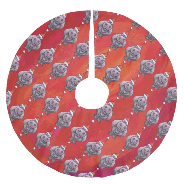Cute Hippo in Santa Hat Pattern on Red Brushed Polyester Tree Skirt (Front)