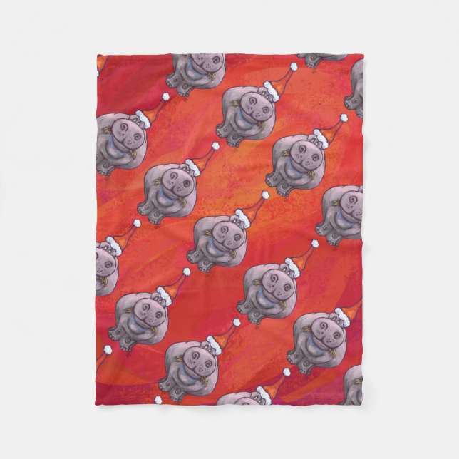 Cute Hippo in Santa Hat Pattern on Red Fleece Blanket (Front)