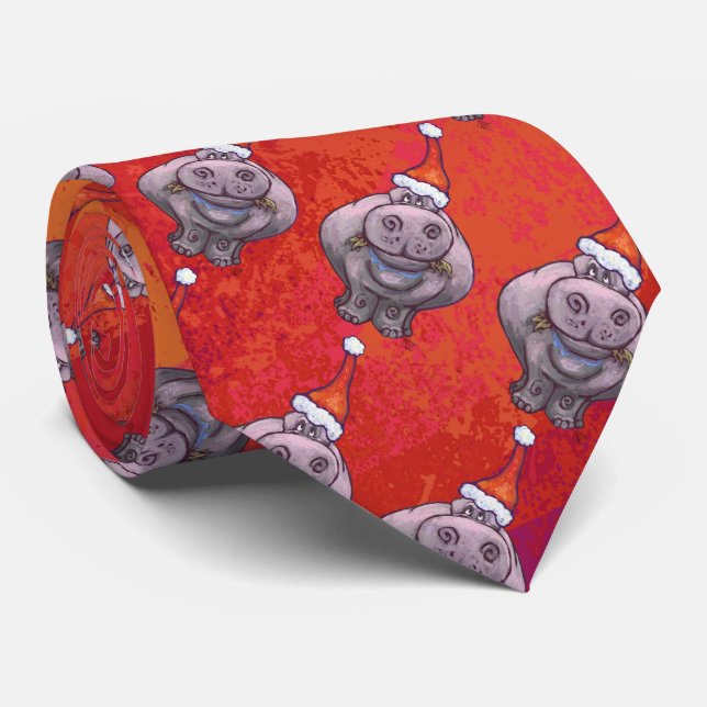 Cute Hippo in Santa Hat Pattern on Red Tie (Rolled)
