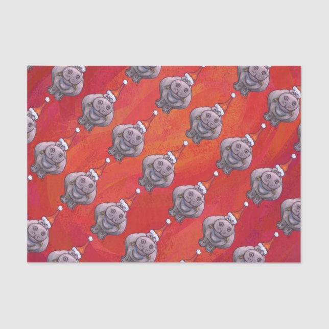 Cute Hippo in Santa Hat Pattern on Red Tissue Paper (Front)