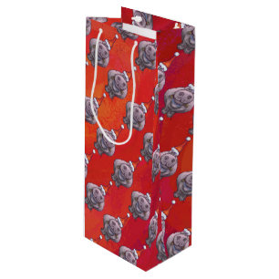 Cute Hippo in Santa Hat Pattern on Red Wine Gift Bag