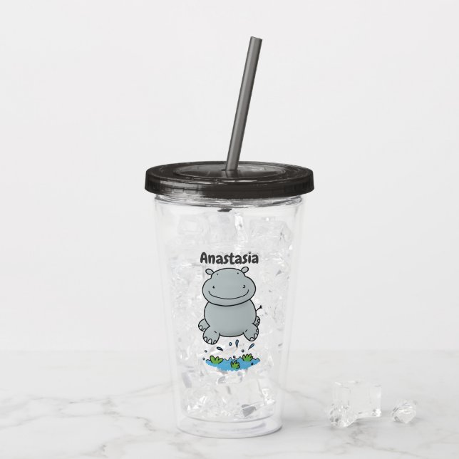 Cute hippo jumping cartoon illustration acrylic tumbler (Back Ice)