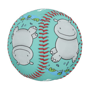 Cute hippo jumping cartoon illustration baseball
