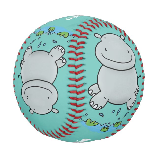 Cute hippo jumping cartoon illustration baseball (Angled)