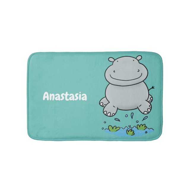 Cute hippo jumping cartoon illustration bath mat (Front)