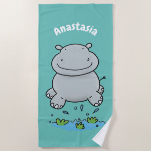 Cute hippo jumping cartoon illustration beach towel