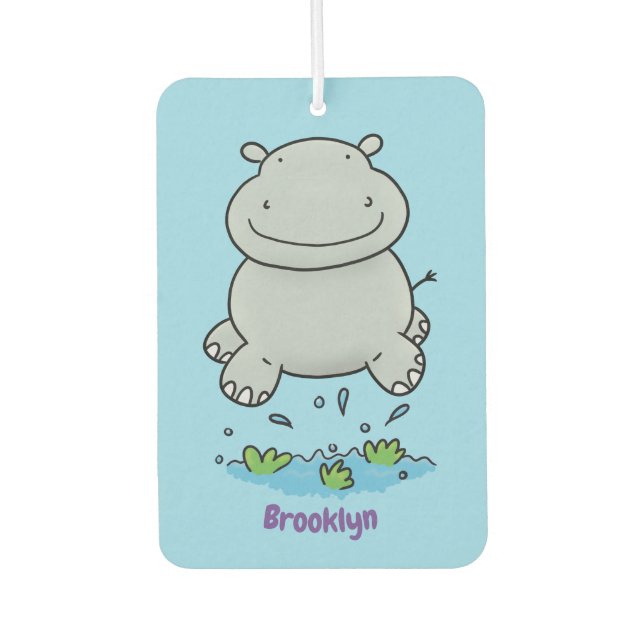 Cute hippo jumping cartoon illustration car air freshener (Front)