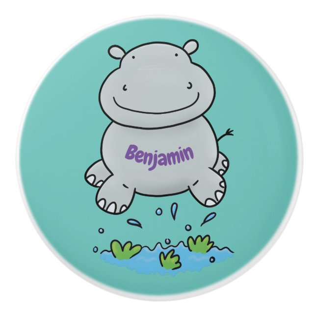 Cute hippo jumping cartoon illustration ceramic knob (Front)