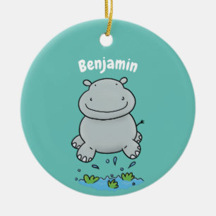 Cute hippo jumping cartoon illustration ceramic tree decoration