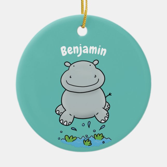 Cute hippo jumping cartoon illustration ceramic tree decoration (Front)