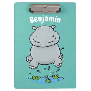 Cute hippo jumping cartoon illustration clipboard