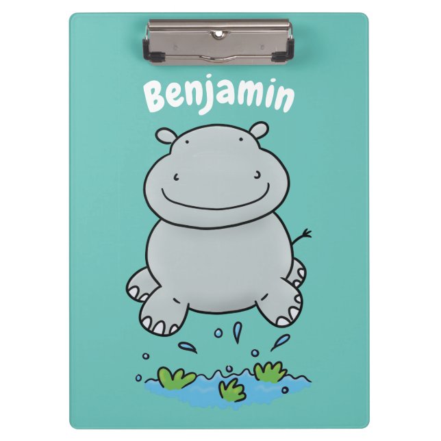 Cute hippo jumping cartoon illustration clipboard (Front)