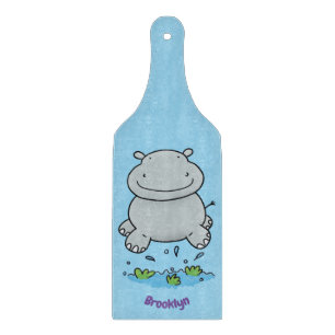 Cute hippo jumping cartoon illustration cutting board