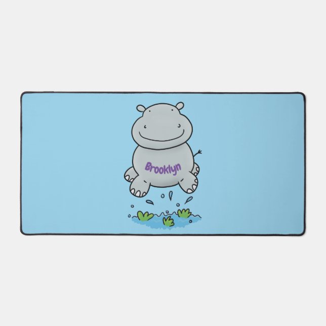 Cute hippo jumping cartoon illustration desk mat (Front)