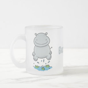 Cute hippo jumping cartoon illustration frosted glass coffee mug