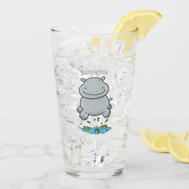 Cute hippo jumping cartoon illustration glass (Back Ice)