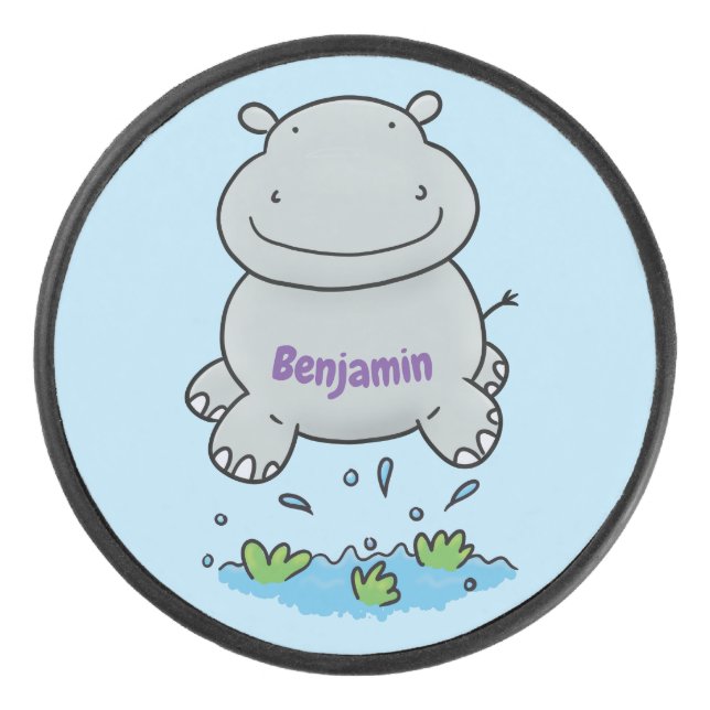 Cute hippo jumping cartoon illustration hockey puck (Front)