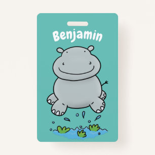 Cute hippo jumping cartoon illustration ID badge