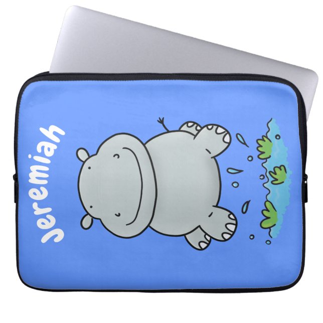 Cute hippo jumping cartoon illustration laptop sleeve (Front)