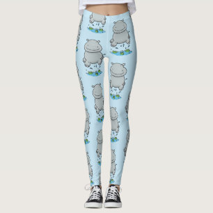 Cute hippo jumping cartoon illustration leggings