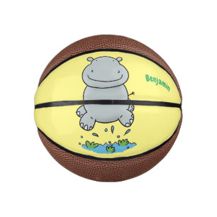 Cute hippo jumping cartoon illustration mini basketball