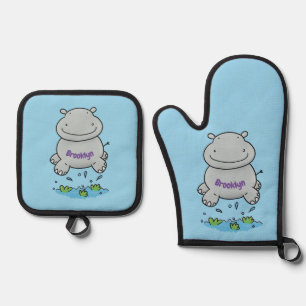 Cute hippo jumping cartoon illustration oven mitt & pot holder set