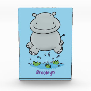 Cute hippo jumping cartoon illustration photo block