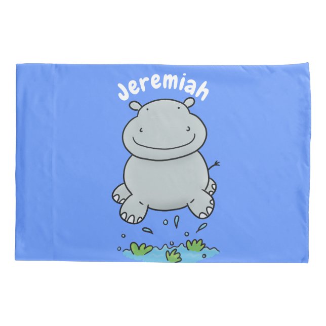Cute hippo jumping cartoon illustration pillowcase (Back)
