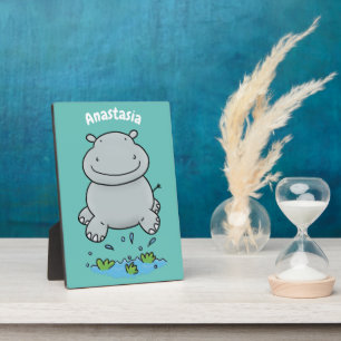 Cute hippo jumping cartoon illustration plaque