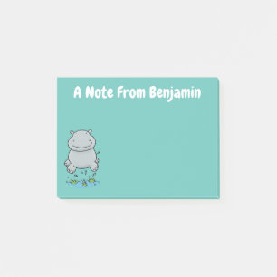 Cute hippo jumping cartoon illustration post-it notes
