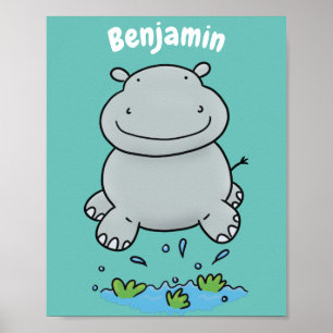 Cute hippo jumping cartoon illustration poster