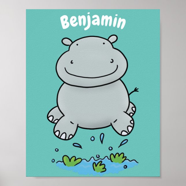 Cute hippo jumping cartoon illustration poster (Front)