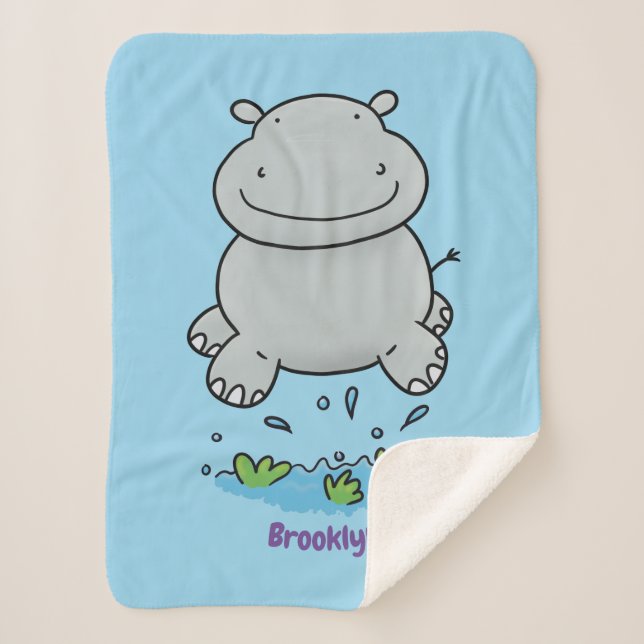 Cute hippo jumping cartoon illustration sherpa blanket (Front)