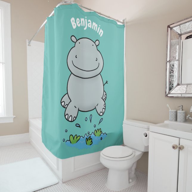 Cute hippo jumping cartoon illustration shower curtain (In Situ)