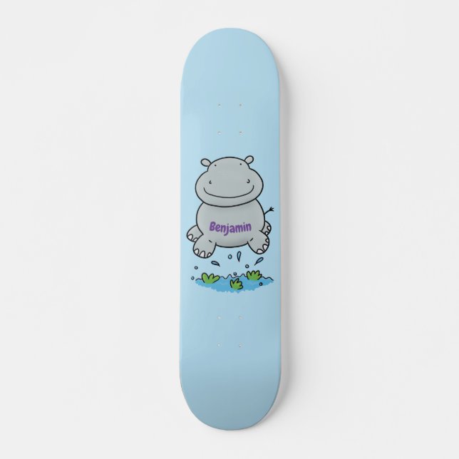 Cute hippo jumping cartoon illustration skateboard (Front)