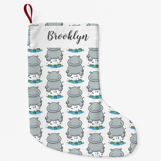 Cute hippo jumping cartoon illustration small christmas stocking (Front)