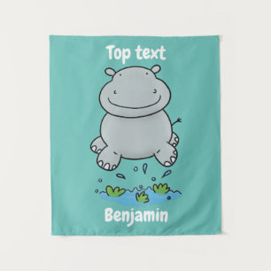 Cute hippo jumping cartoon illustration tapestry