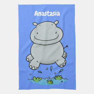 Cute hippo jumping cartoon illustration tea towel