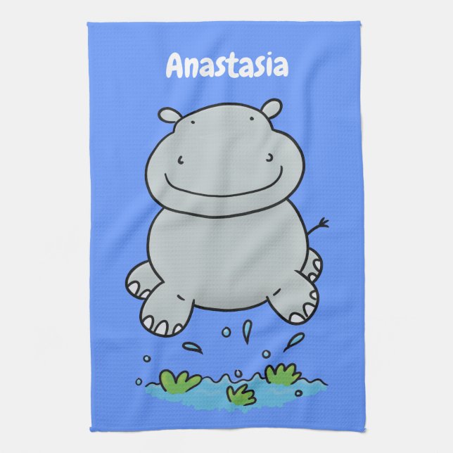 Cute hippo jumping cartoon illustration tea towel (Vertical)