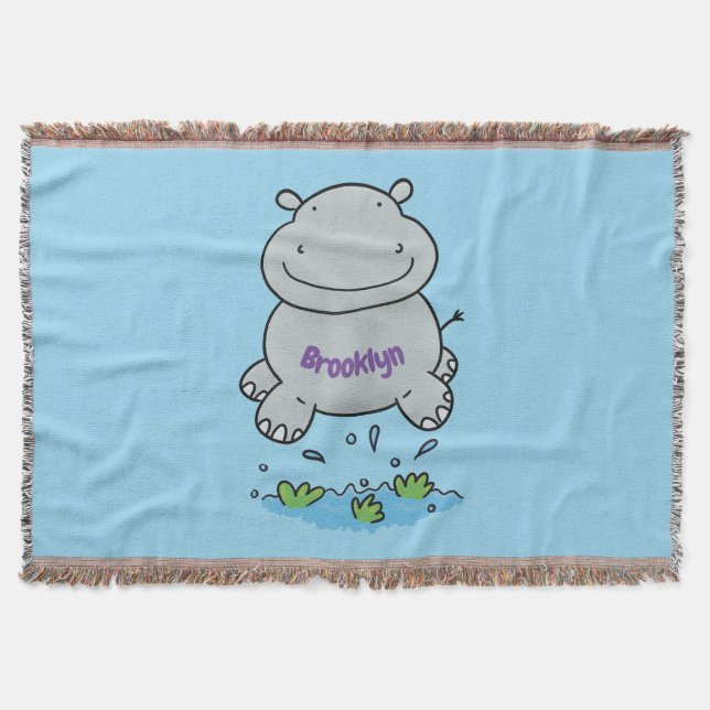 Cute hippo jumping cartoon illustration throw blanket (Front)