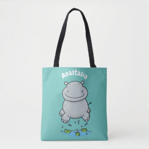 Cute hippo jumping cartoon illustration tote bag
