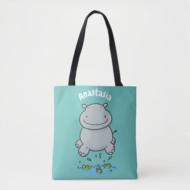 Cute hippo jumping cartoon illustration tote bag (Front)