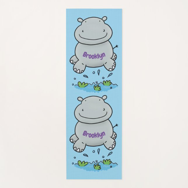Cute hippo jumping cartoon illustration yoga mat (Front)