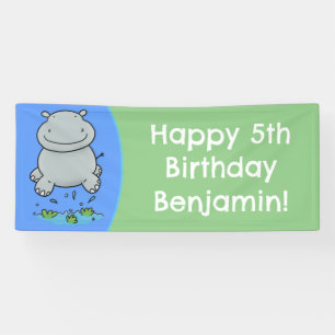 Cute hippo jumping cartoon personalised birthday banner