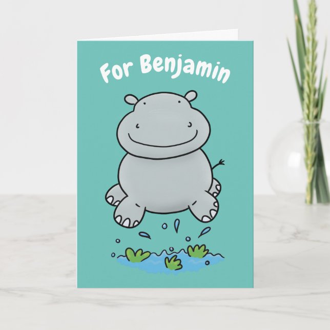 Cute hippo jumping cartoon personalised birthday card (Front)